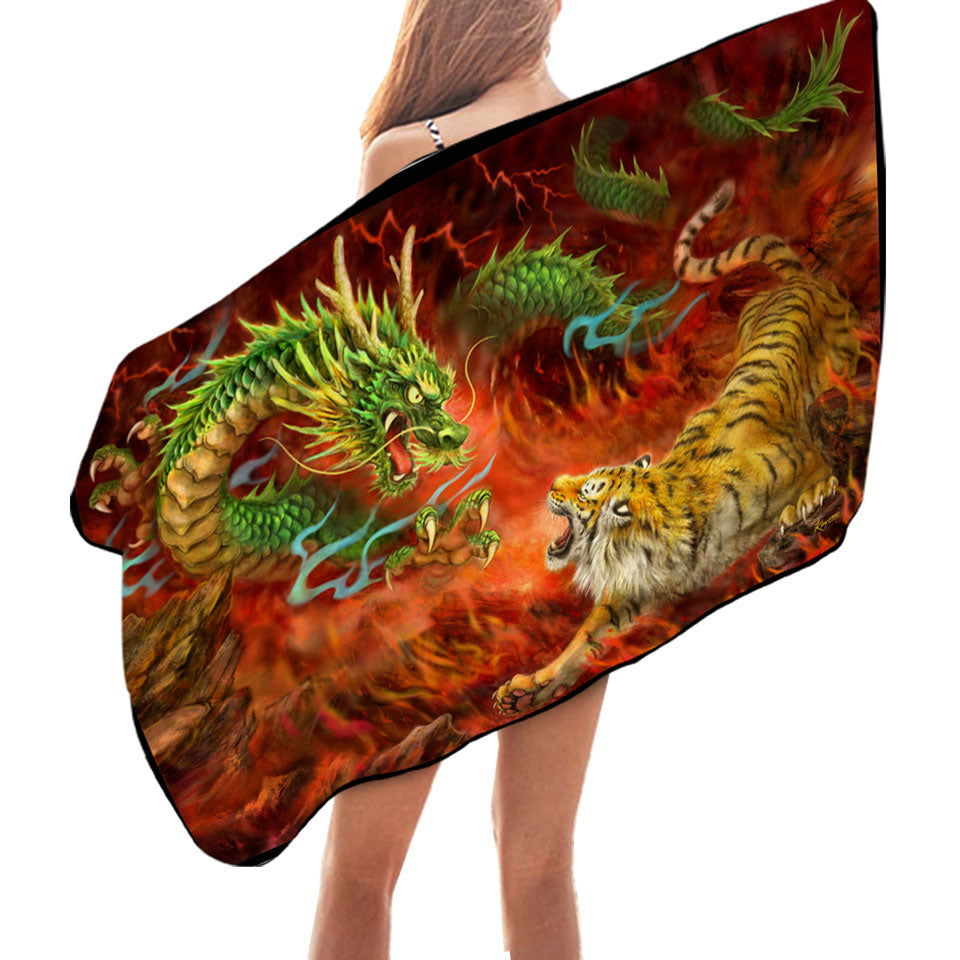 Cool Beach Towels Fantasy Art Chinese Dragon vs Tiger in Fire