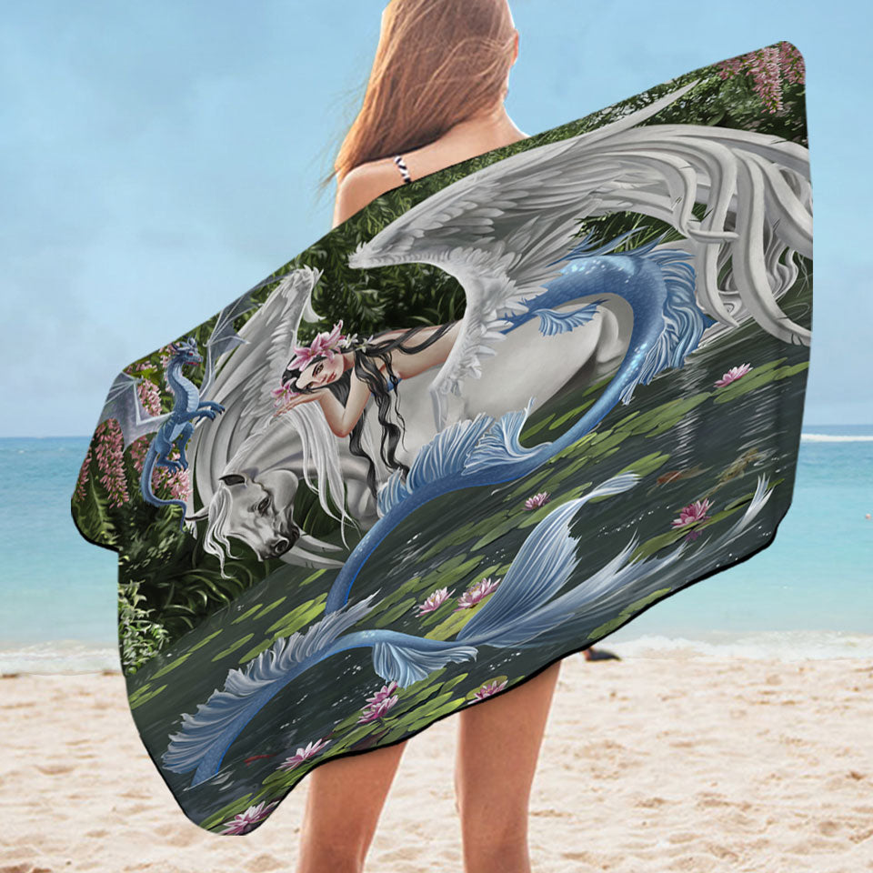 Cool Beach Towels Fantasy Art Pegasus Mermaid and Dragon