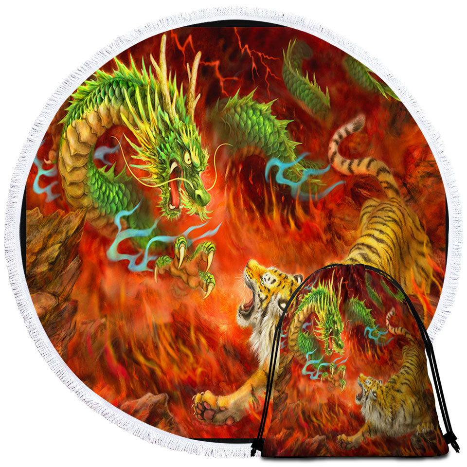 Cool Beach Towels On Sale Fantasy Art Chinese Dragon vs Tiger in Fire