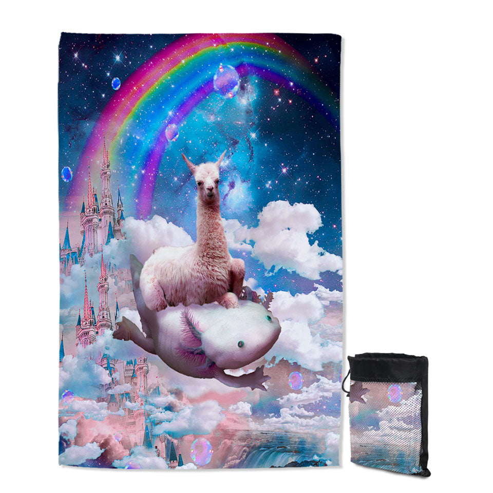 Cool Beach Towels On Sale Fantasy Crazy Space Llama Riding Axolotl