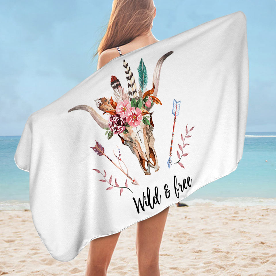 Cool Beach Towels Wild and Free Native Floral Bull Skull