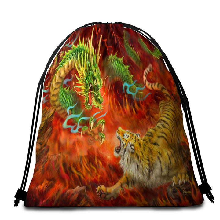 Cool Beach Towels and Bags Set Fantasy Art Chinese Dragon vs Tiger in Fire