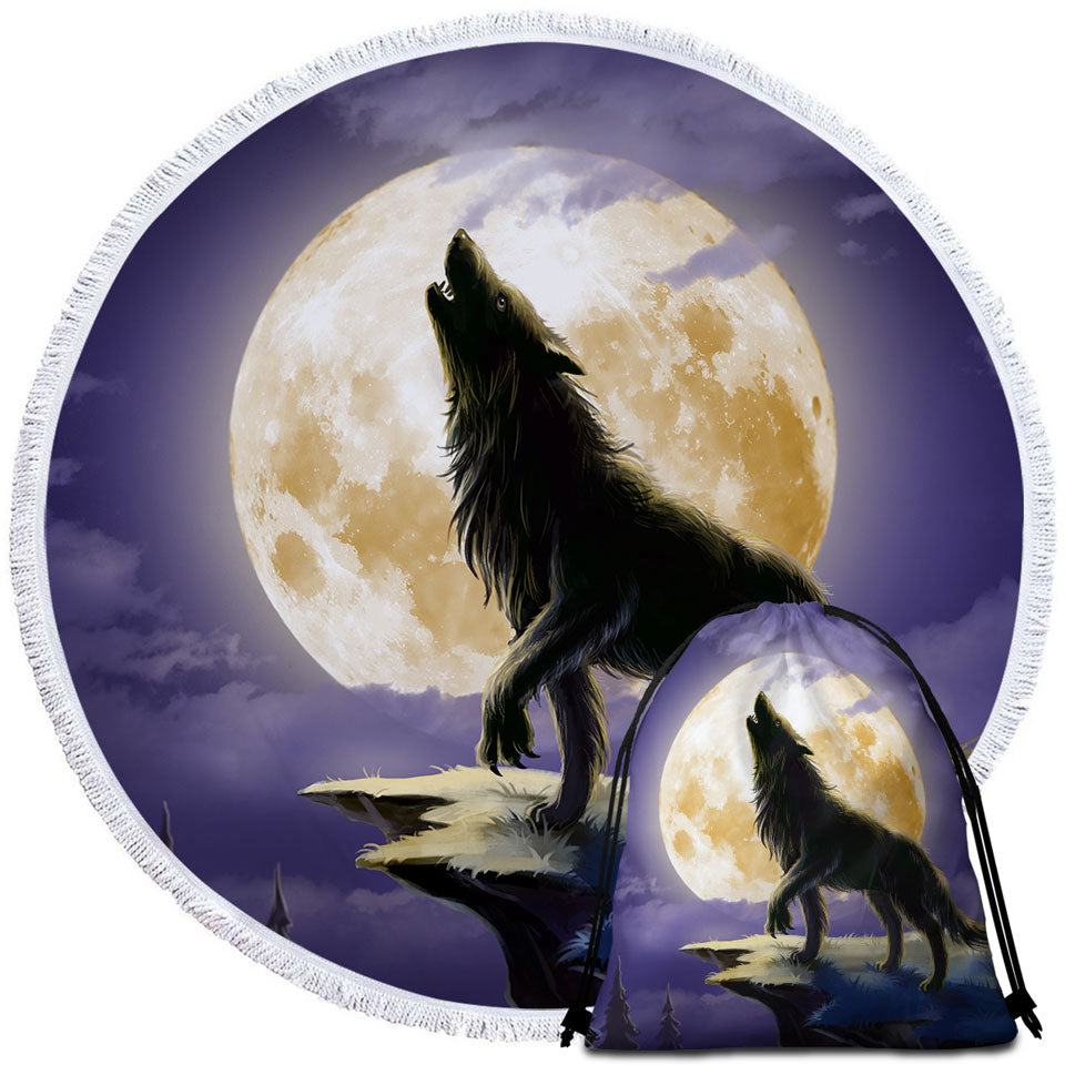 Cool Beach Towels and Bags Set Wolf Howls at a Full Moon