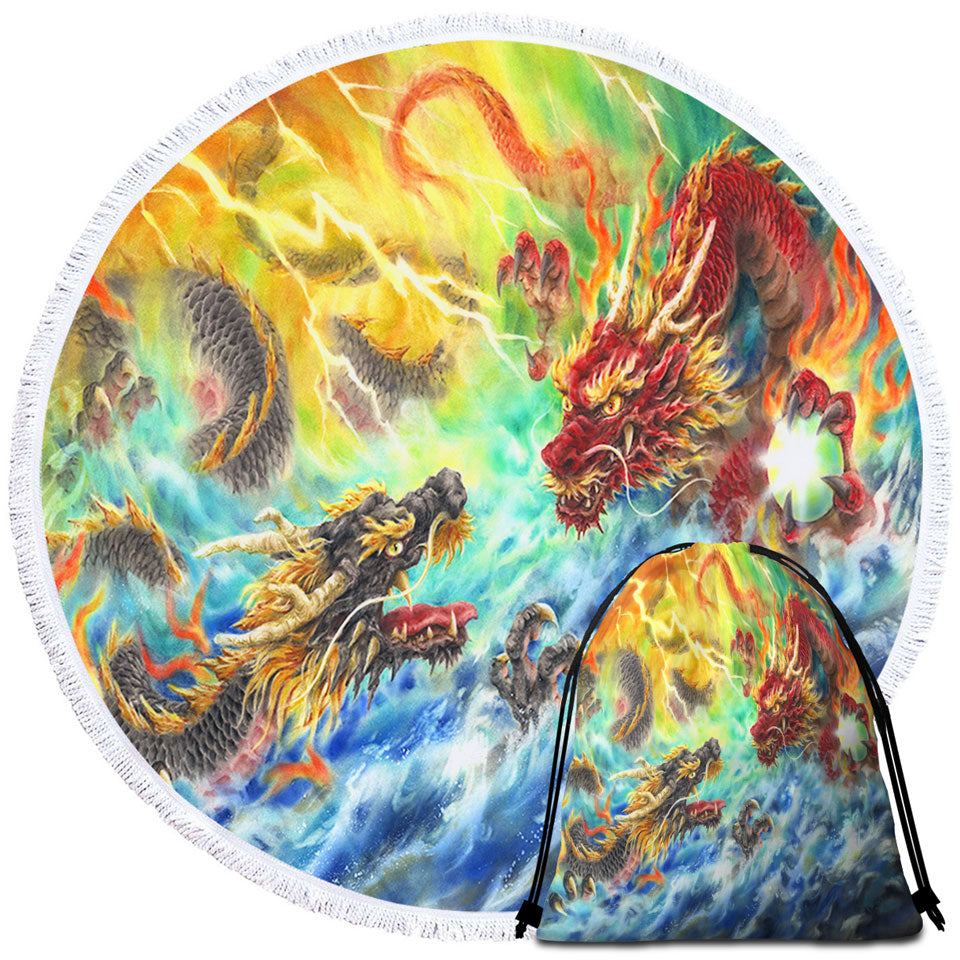 Cool Beach Towels and Bags Set fantasy Fire vs Water Encountering Dragons