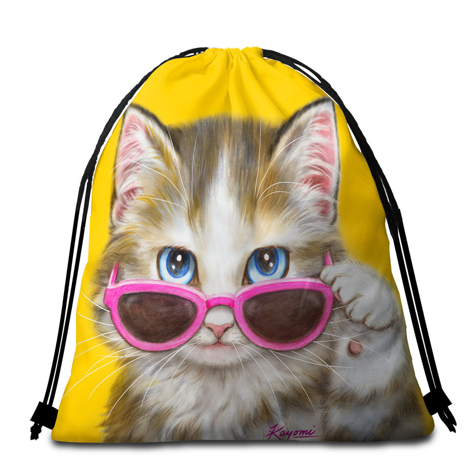 Cool Beach Towels and Bags Set for Girls with Cat Art Girly Kitten Wearing Pink Sunglass