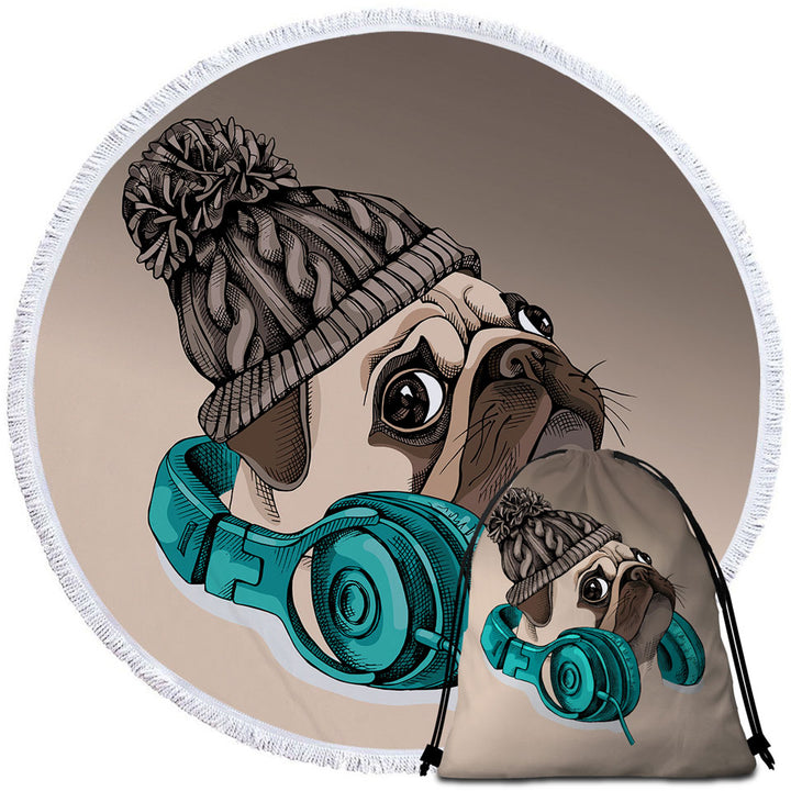 Cool Beach Towels and Bags with Winter Pug Wearing Headphones