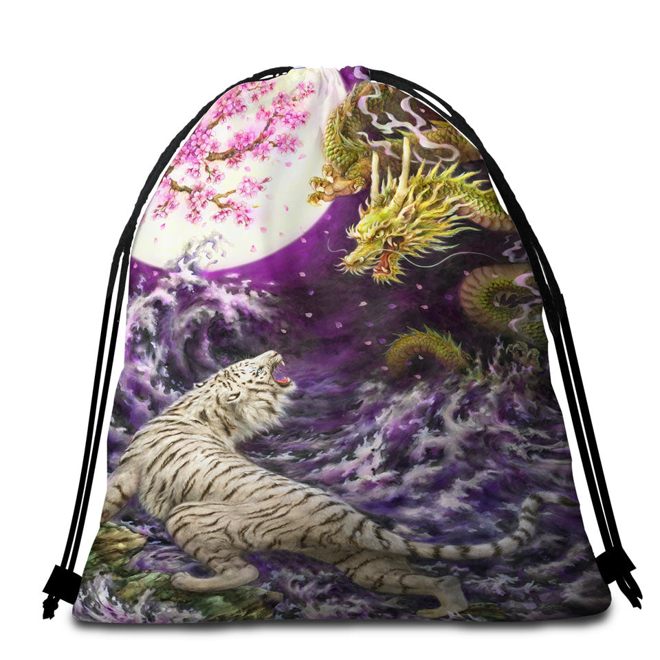 Cool Beach Towels for Guys Painting Moonlight Battle Tiger vs Dragon