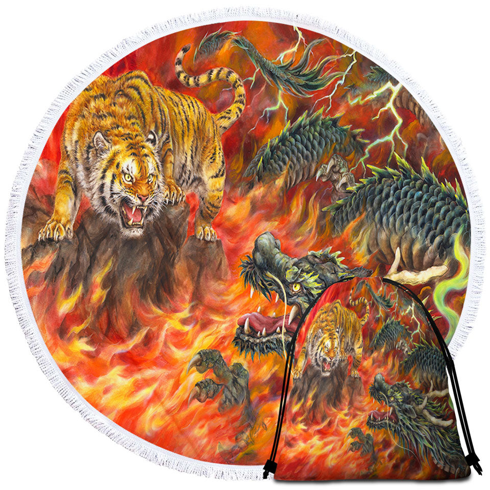 Cool Beach Towels for Men Fantasy Art Dragon vs Tiger in Fire