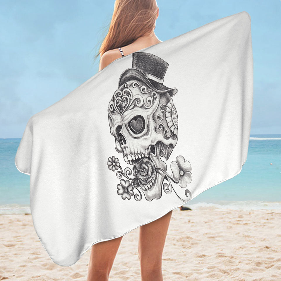 Cool Beach Towels of Black and White Pencil Skull Drawing for Men