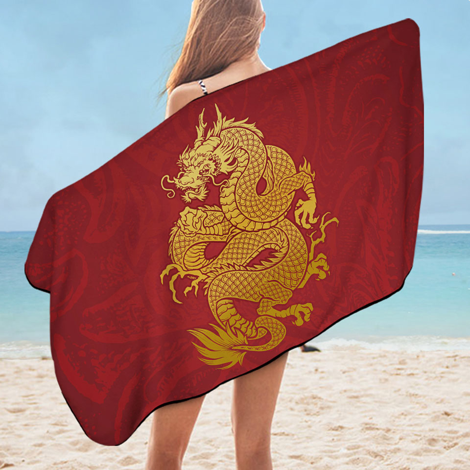 Cool Beach Towels with Yellow Chinese Dragon