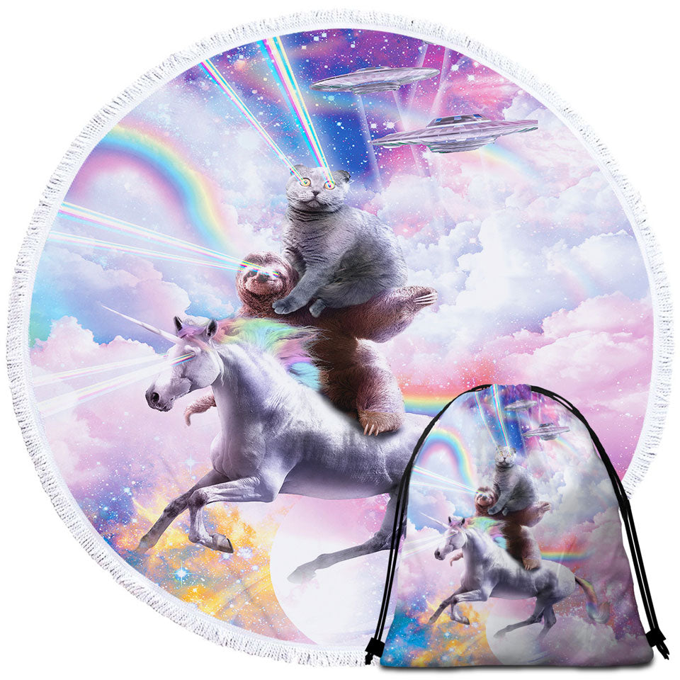 Cool Big Beach Towels Galaxy Cat on Sloth on Unicorn in Space