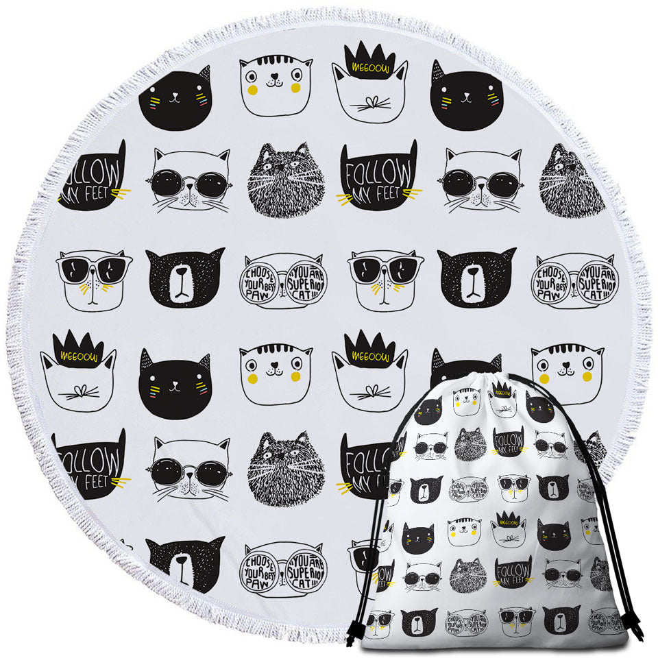 Cool Black and White Cat Beach Towels and Bags Set