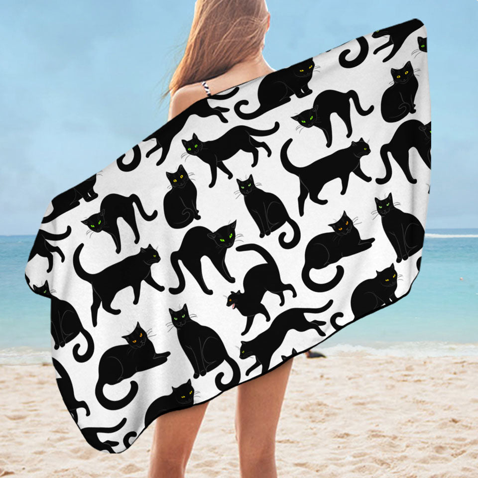 Cool Cat Beach Towel Multi Colored Eyes Black Cat Pattern