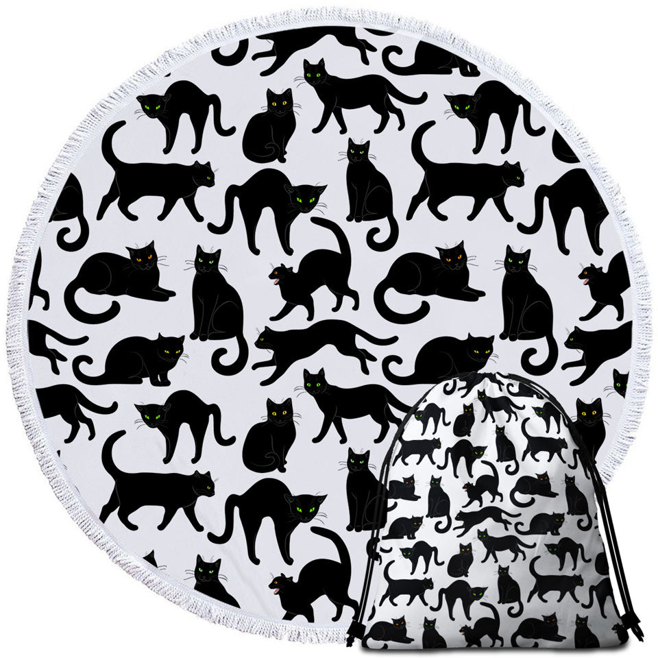 Cool Cat Round Beach Towel Multi Colored Eyes Black Cat Pattern