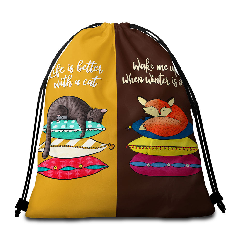 Cool Cat and Fox Beach Towel Bags with Funny Quote