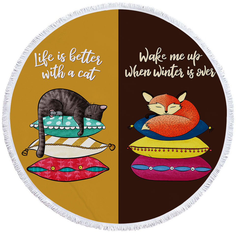 Cool Cat and Fox Beach Towels with Funny Quote