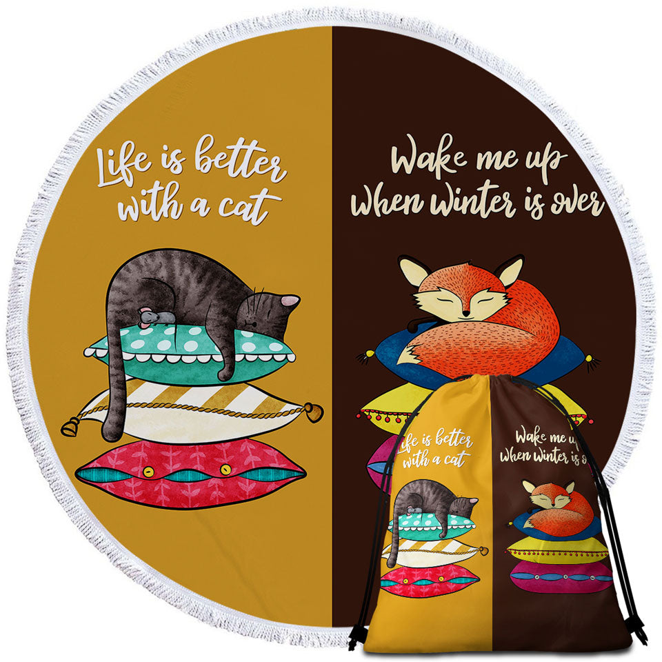 Cool Cat and Fox Round Beach Towel with Funny Quote