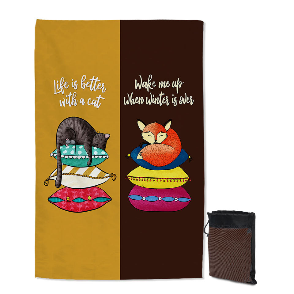 Cool Cat and Fox Thin Beach Towels with Funny Quote