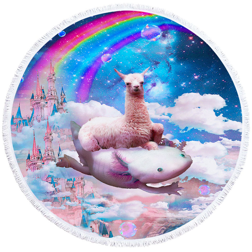 Cool Circle Beach Towel Fantasy Crazy Space Llama Riding Axolotl