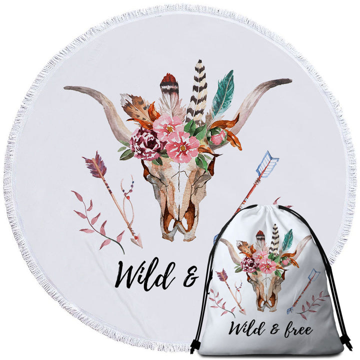 Cool Circle Beach Towel Wild and Free Native Floral Bull Skull