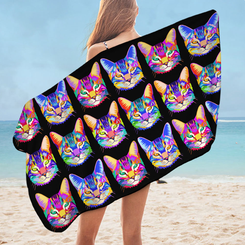 Cool Colorful Cat Microfiber Beach Towel Face Pattern
