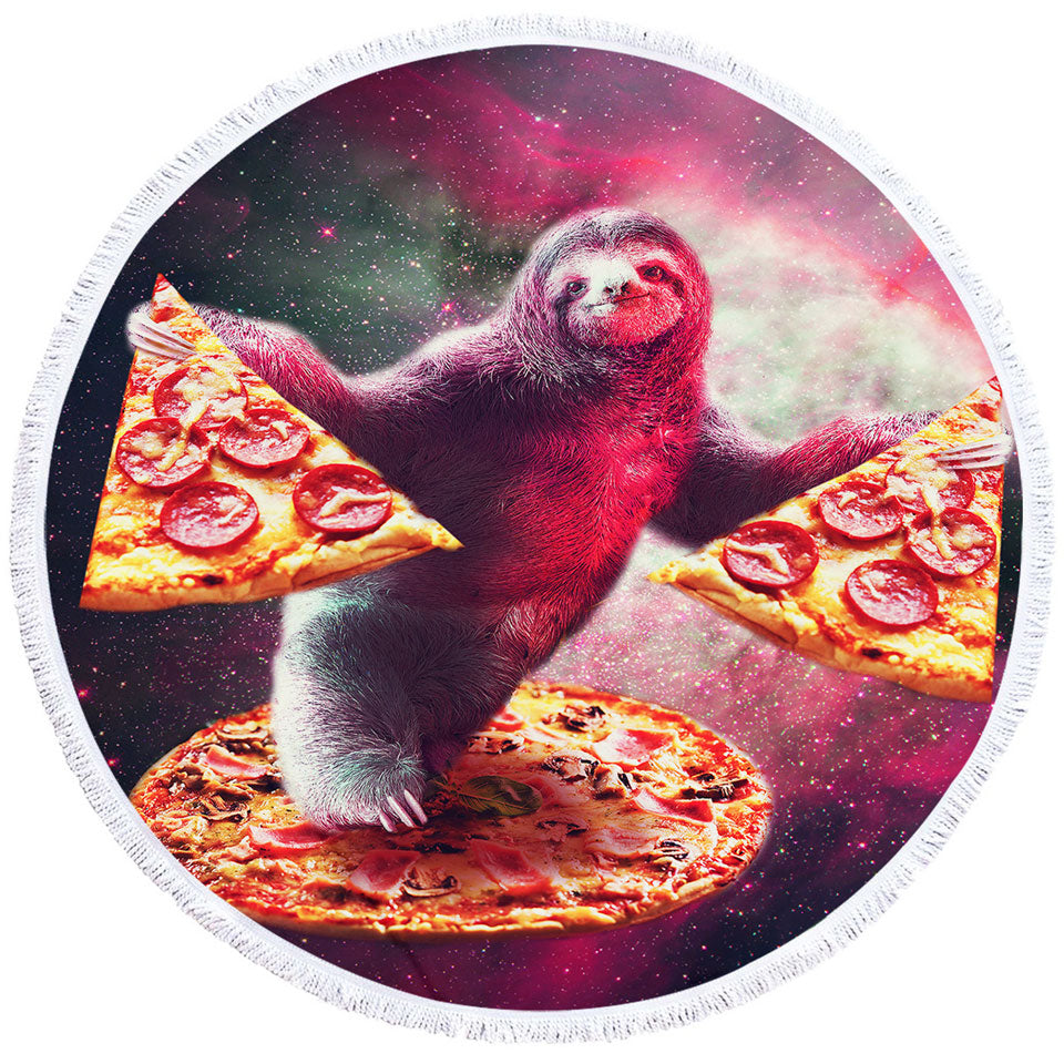 Cool Crazy Art Funny Space Sloth with Pizza Circle Beach Towel