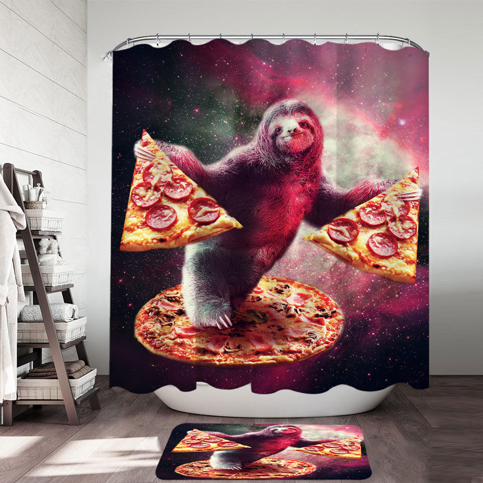 Cool Crazy Art Funny Space Sloth with Pizza Shower Curtain