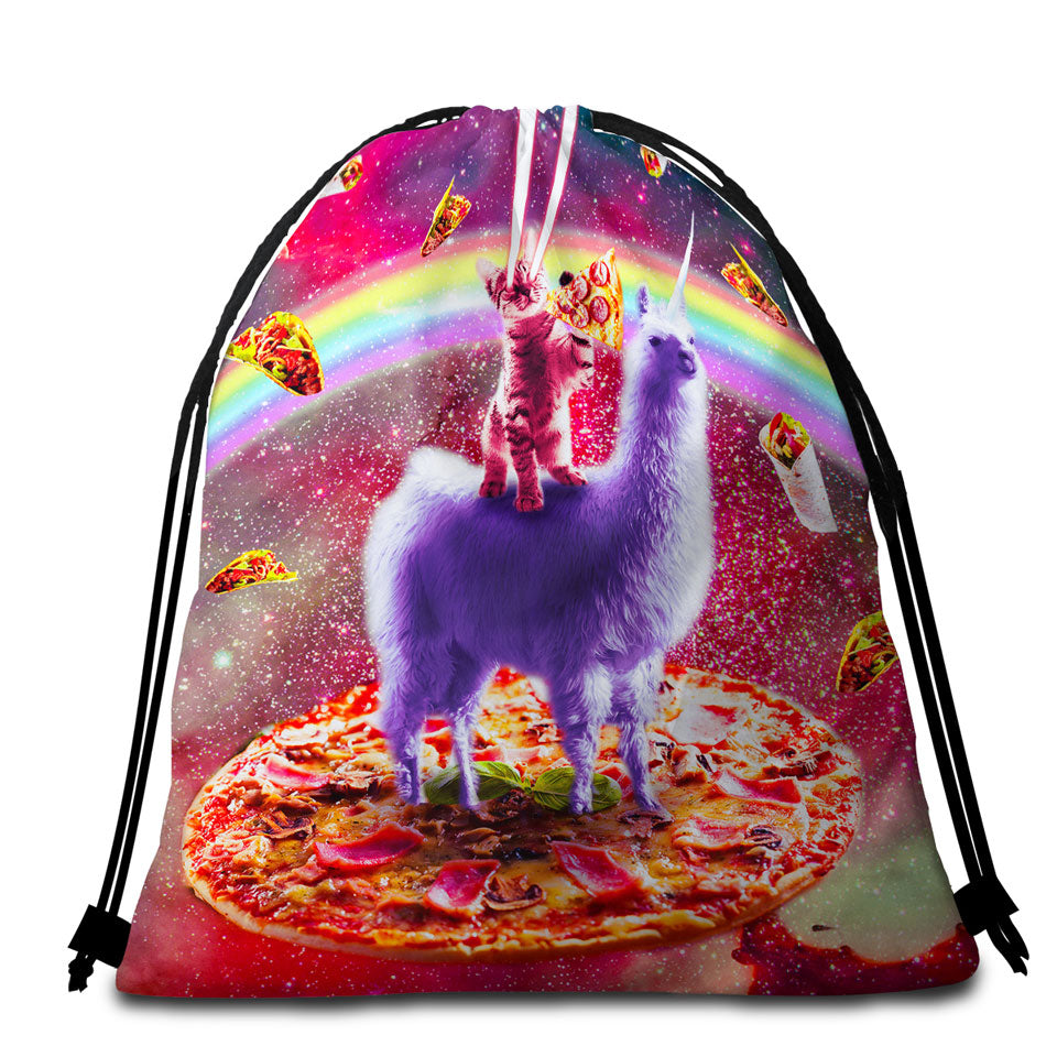 Cool Crazy Art Outer Space Cat Riding on Llama Unicorn Beach Bags and Towels