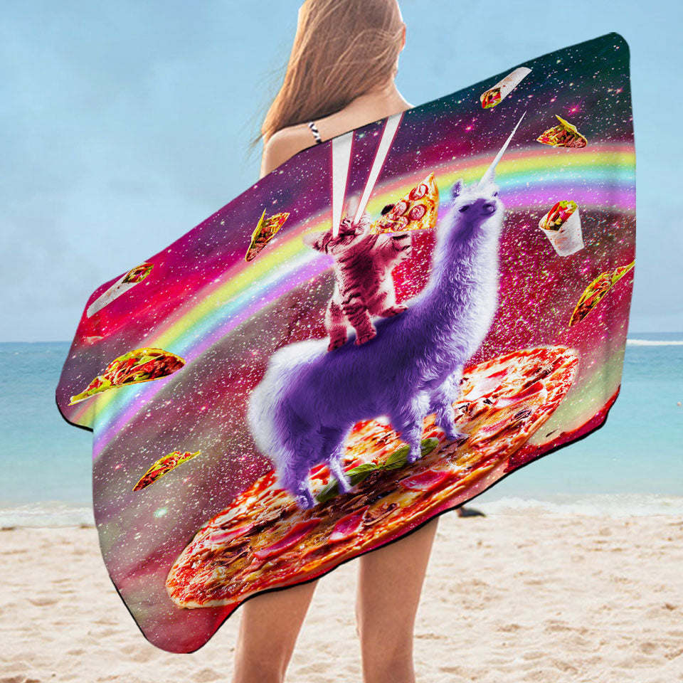 Cool Crazy Art Outer Space Cat Riding on Llama Unicorn Microfiber Beach Towel