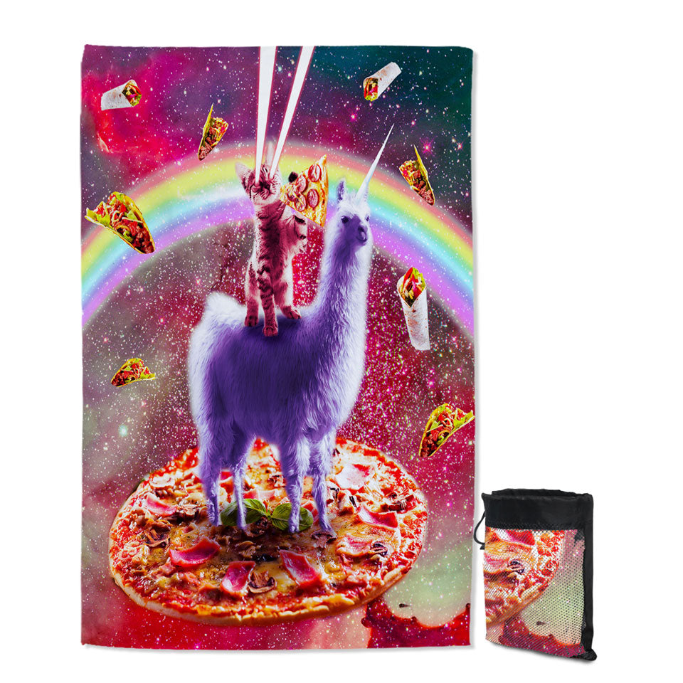 Cool Crazy Art Outer Space Cat Riding on Llama Unicorn Thin Beach Towels
