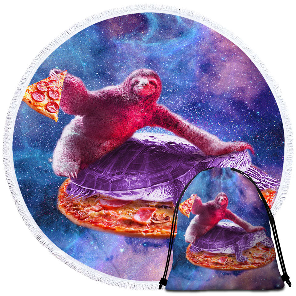 Cool Crazy Beach Towels Art Space Pizza Sloth on Turtle