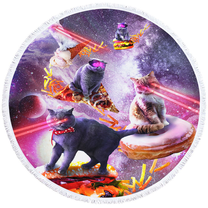 Cool Crazy Space Laser Cats Round Beach Towel