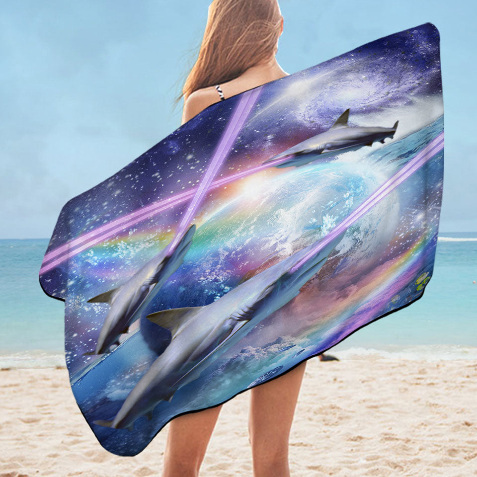 Cool Crazy Space Laser Sharks Microfiber Beach Towel
