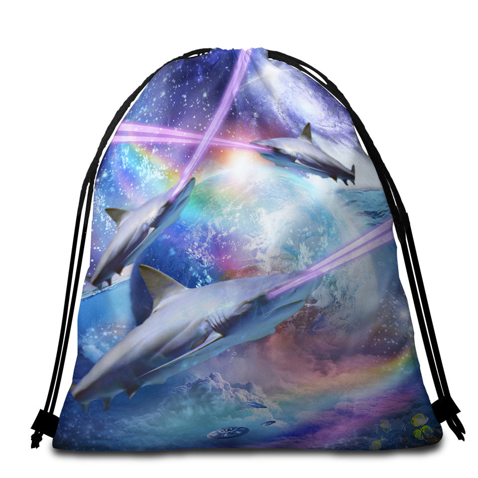 Cool Crazy Space Laser Sharks Packable Beach Towel