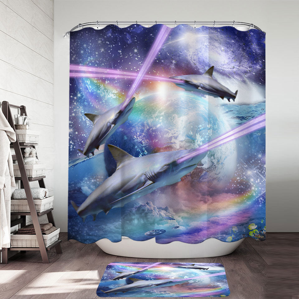 Cool Crazy Space Laser Sharks Shower Curtain