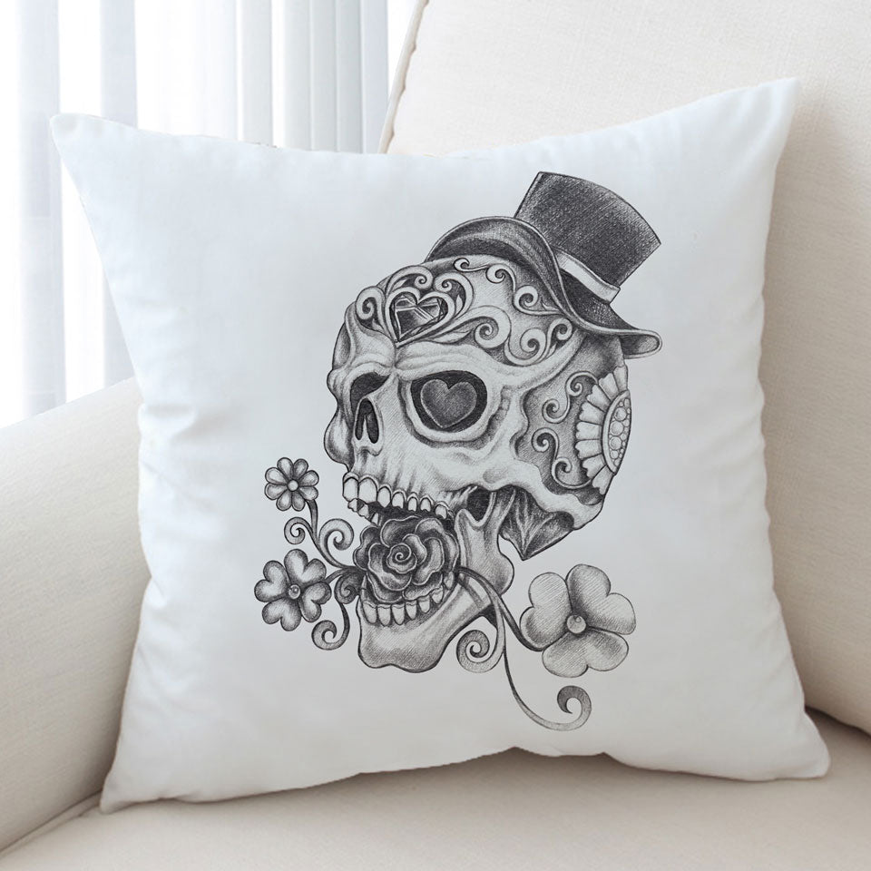 Cool Cushion Covers Black and White Pencil Skull Drawing