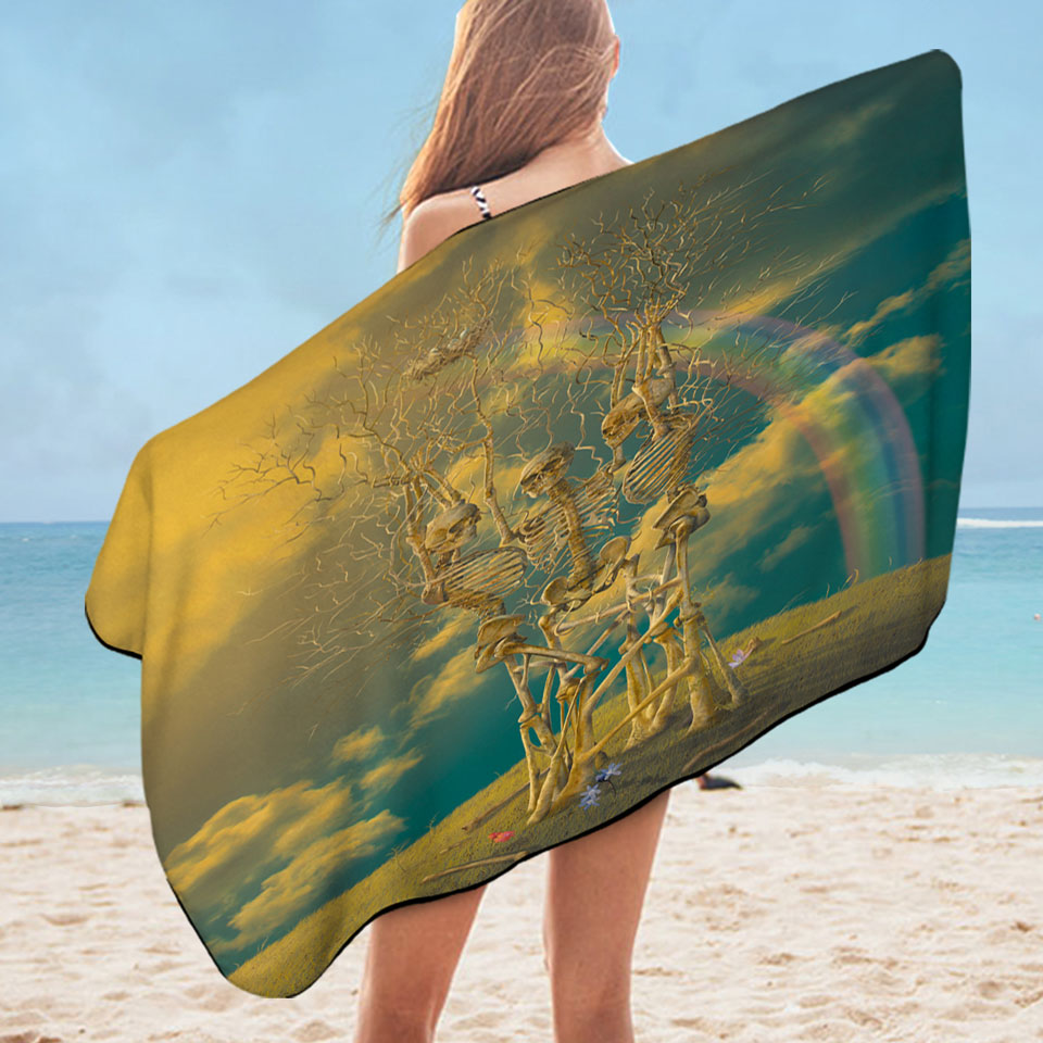 Cool Dark Art Beach Towels Human Skeletons Tree Under the Rainbow