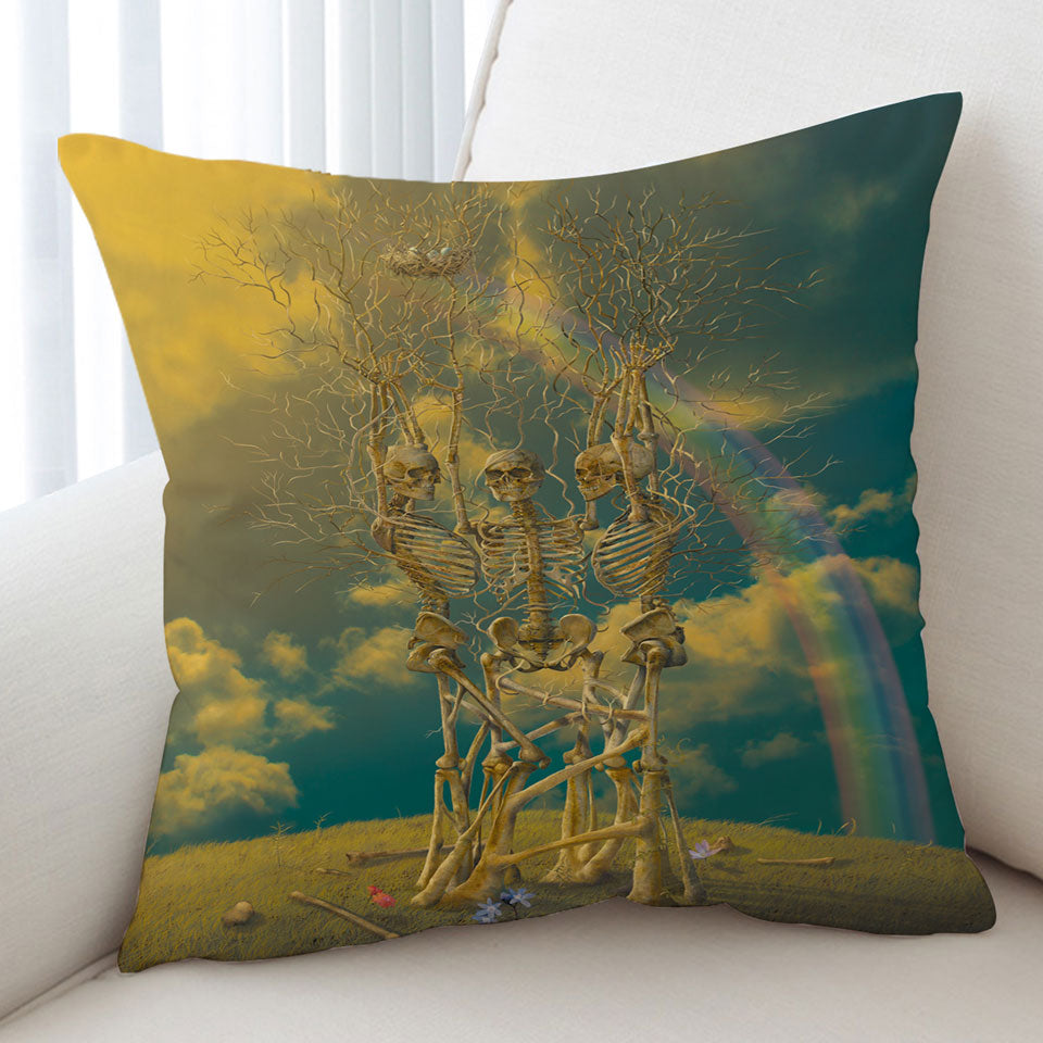 Cool Dark Art Cushion Covers Human Skeletons Tree Under the Rainbow