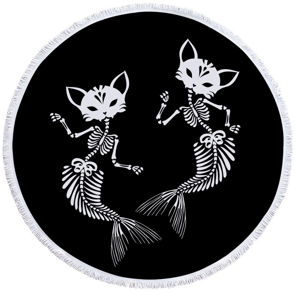 Cool Day of the Dead Circle Beach Towel Mermaid Cat Skeletons