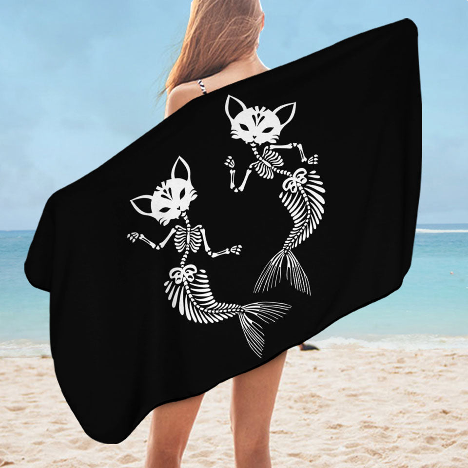 Cool Day of the Dead Pool Towels Mermaid Cat Skeletons