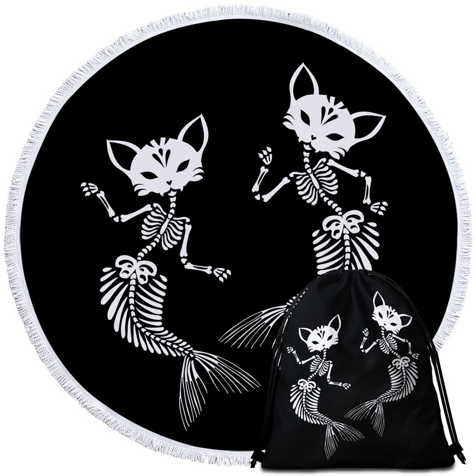 Cool Day of the Dead Round Beach Towel Mermaid Cat Skeletons