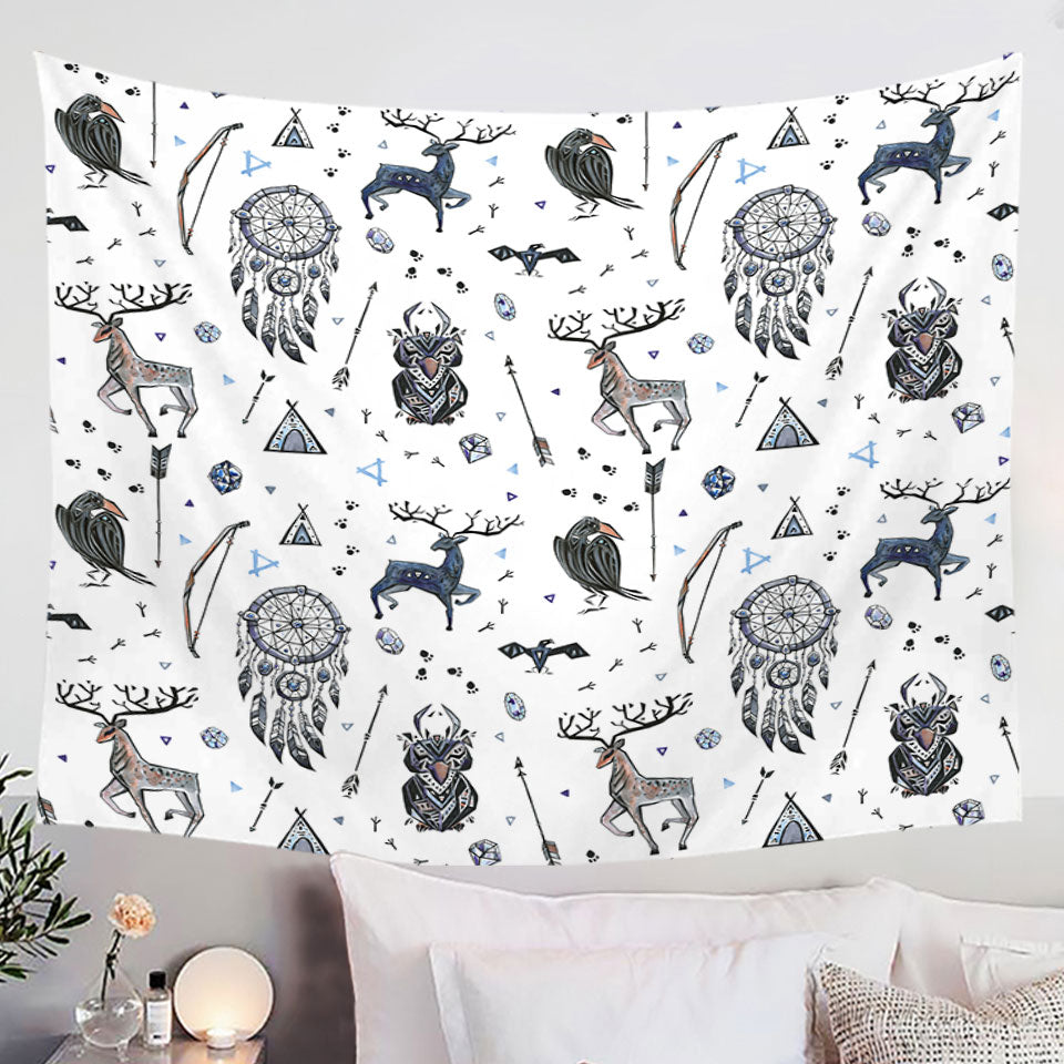 Cool Deer and Owl in Native American Pattern Tapestry Wall Hanging