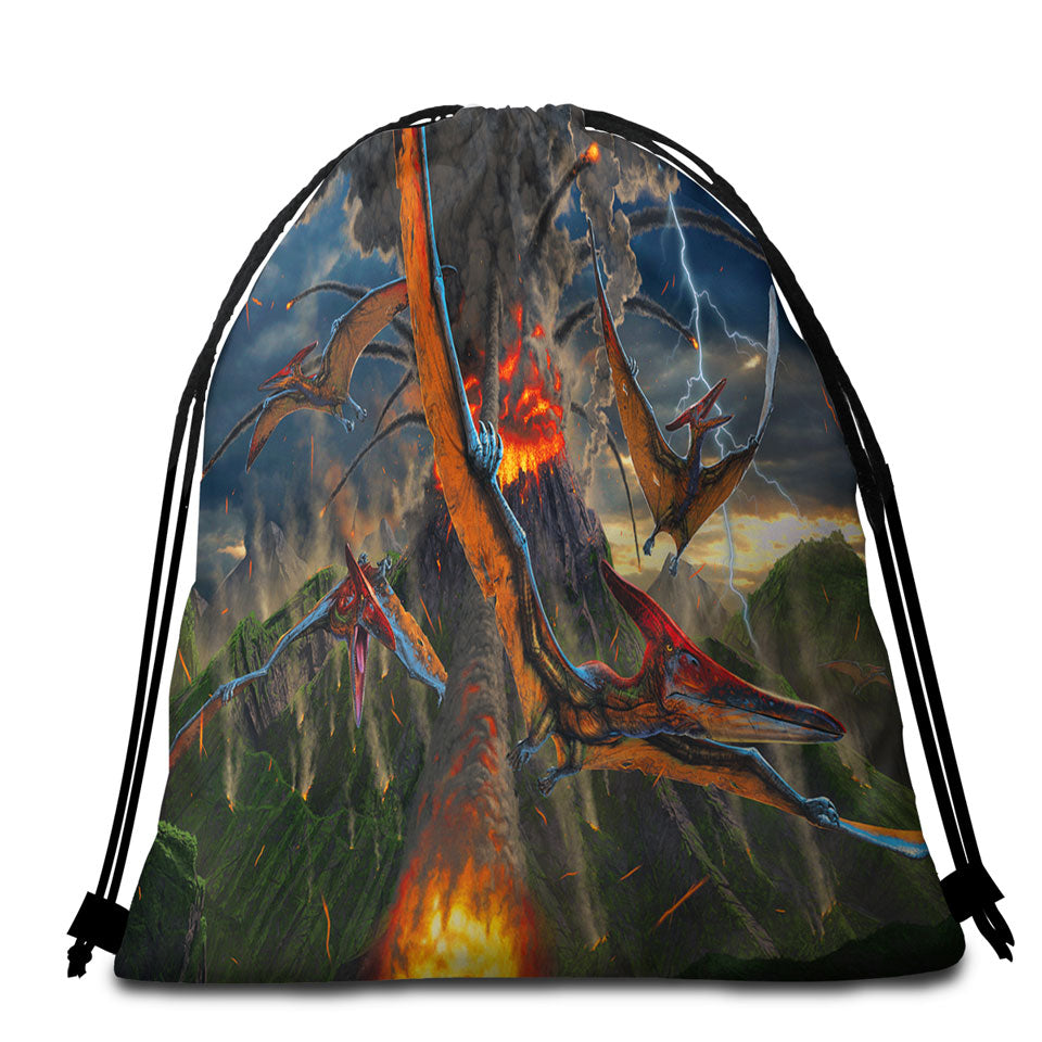 Cool Dinosaurs Art Volcano Beach Bags and Towels