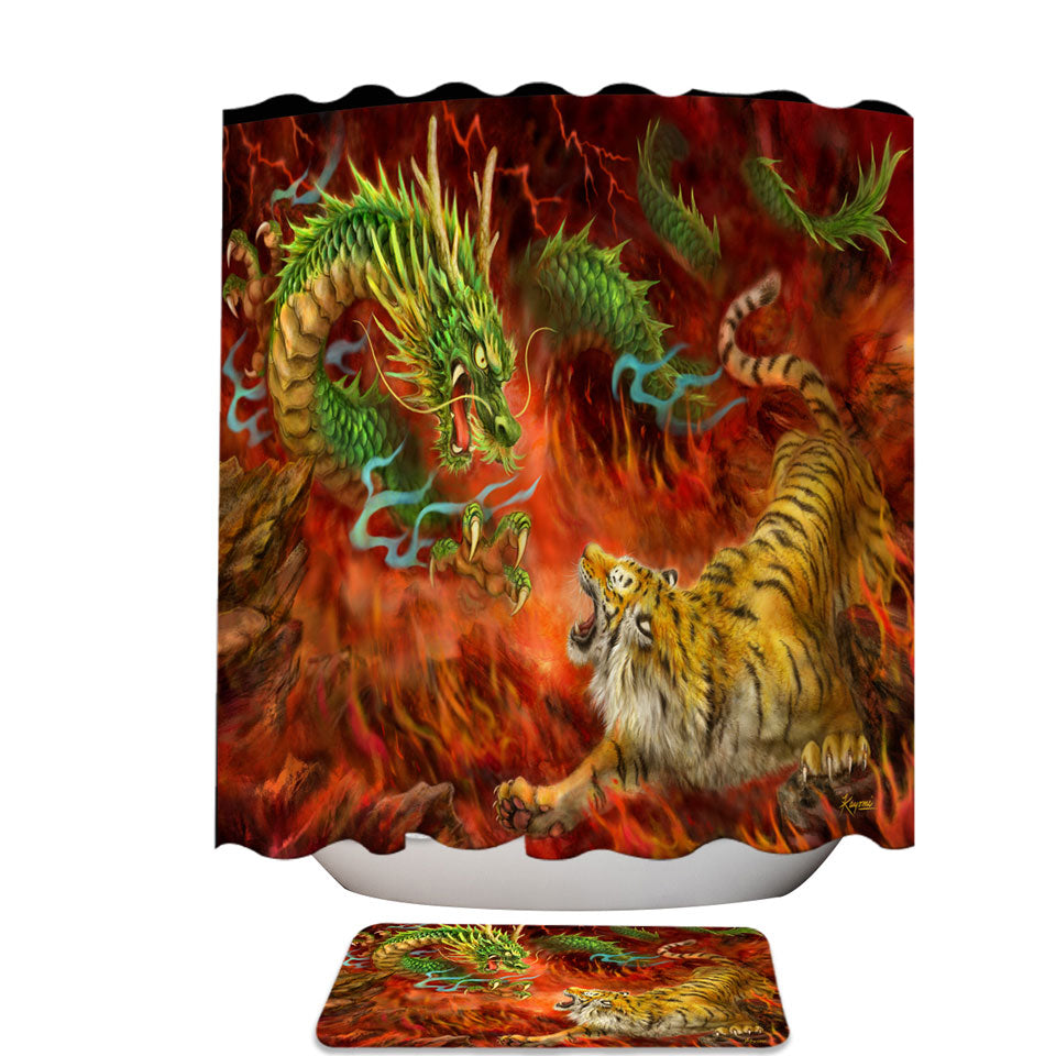 Cool Fabric Shower Curtains Fantasy Art Chinese Dragon vs Tiger in Fire