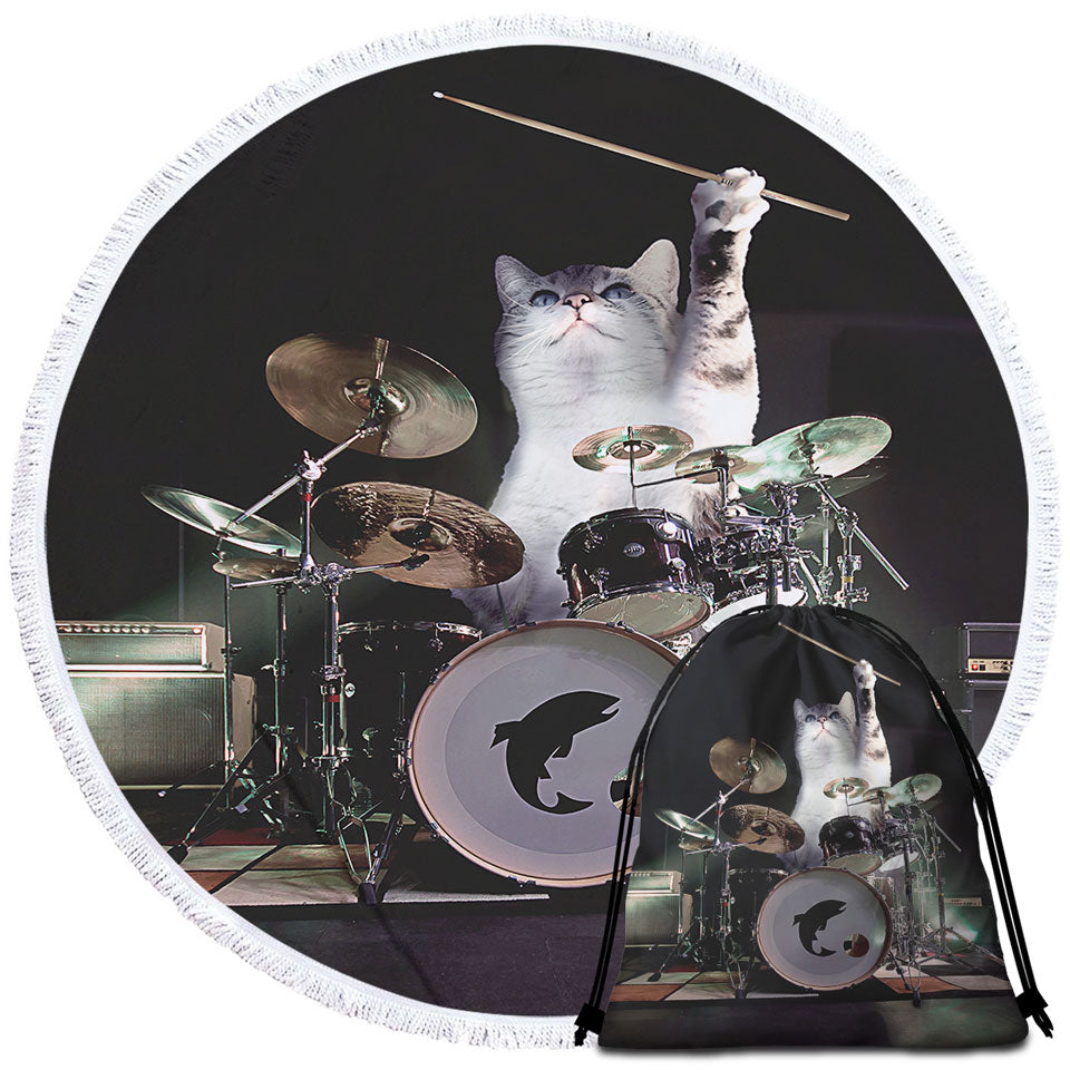 Cool Fantasy Animals Drumming Drummer Cat Beach Towels and Bags Set