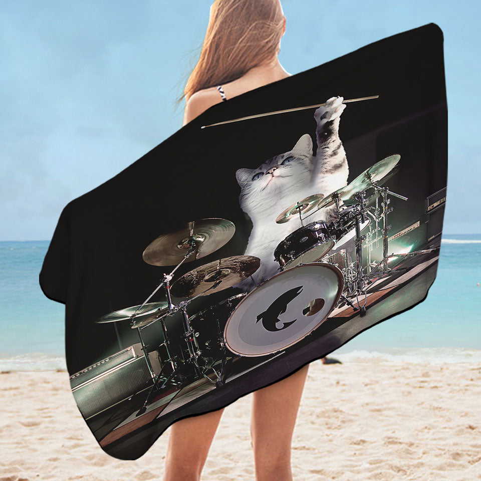 Cool Fantasy Animals Drumming Drummer Cat Microfiber Beach Towel