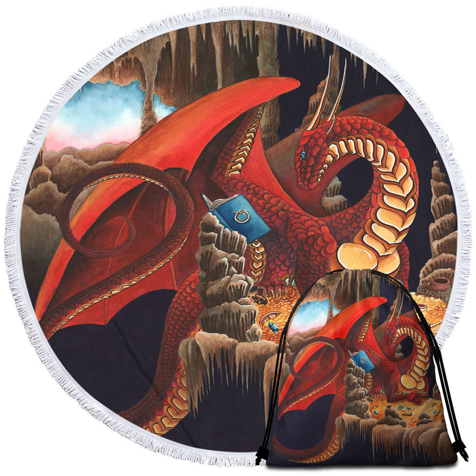 Cool Fantasy Art Beach Towels and Bags Set Dragon Reading a Book