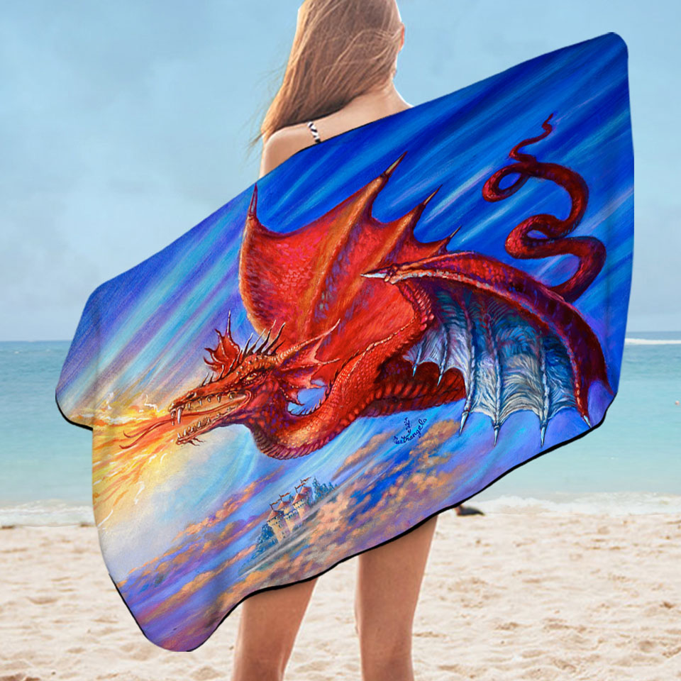 Cool Fantasy Art Breathing Fire Red Dragon Pool Towels for Boys