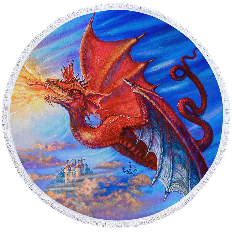 Cool Fantasy Art Breathing Fire Red Dragon Round Beach Towel for Boys