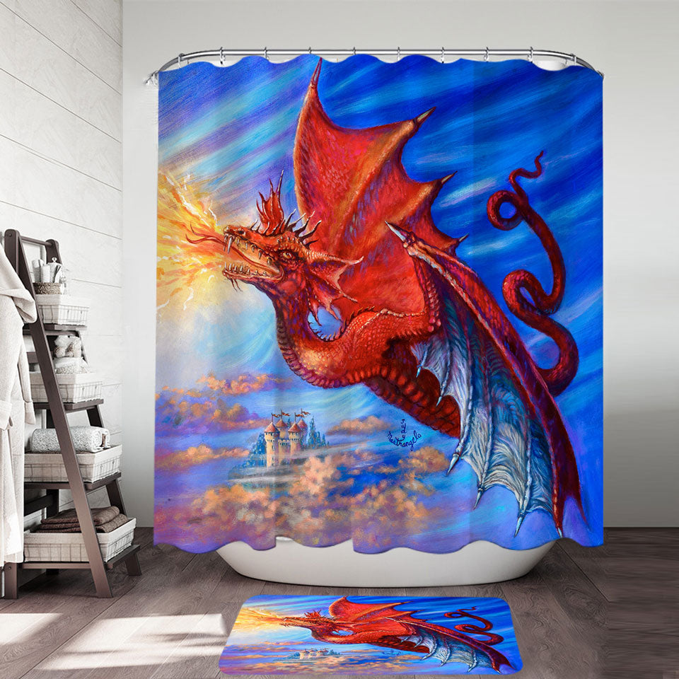 Cool Fantasy Art Breathing Fire Red Dragon Shower Curtains for Boys